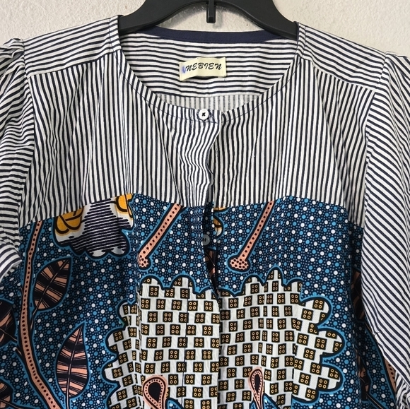 African Print Women's Multi Print button down Dress Shirt Art to wear Boho - Picture 4 of 10